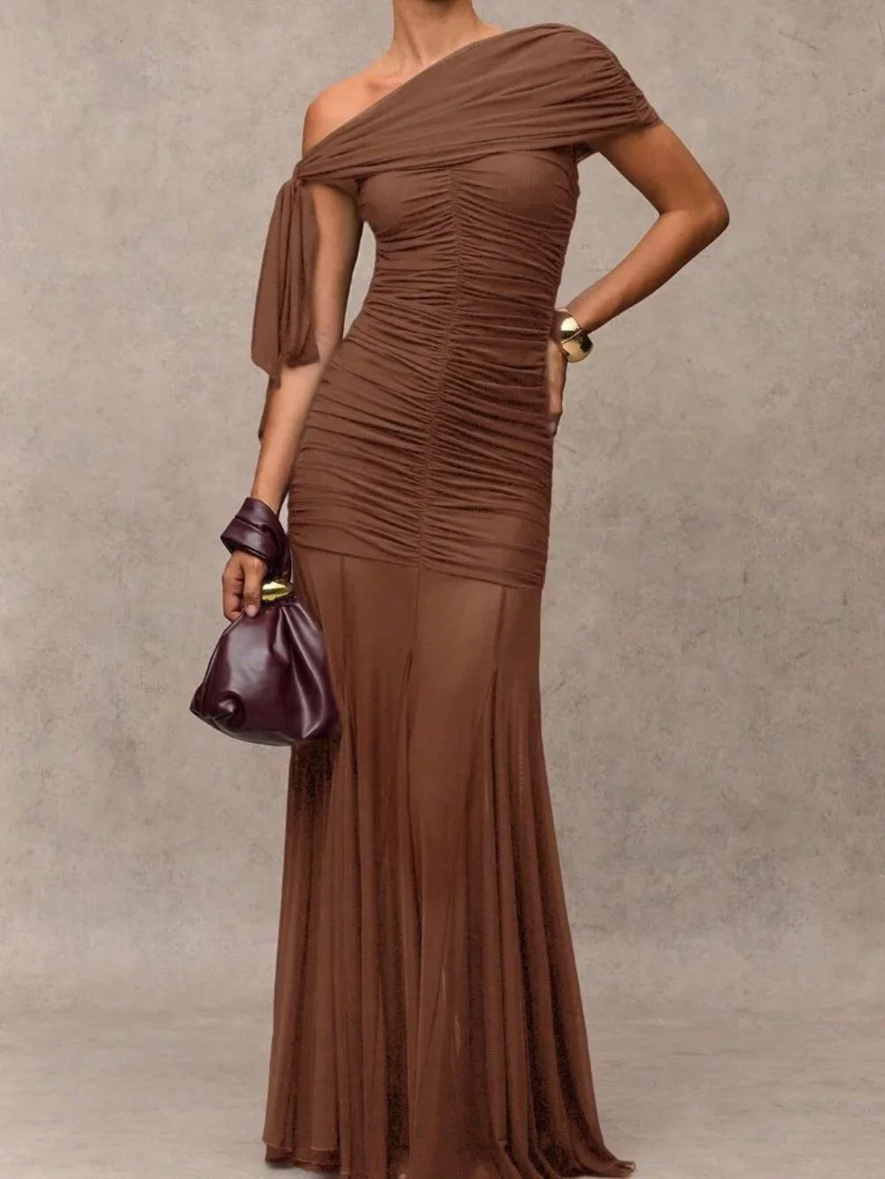 Brown Elegant Women's Ruched Asymmetric Long Dress